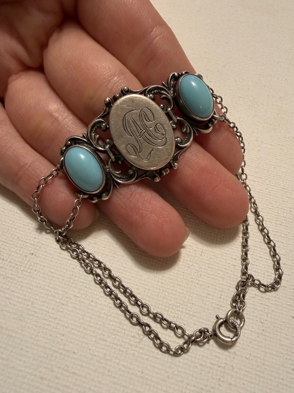 Sterling Silver 925 Blue Cabochon Monogram bracelet 7in
